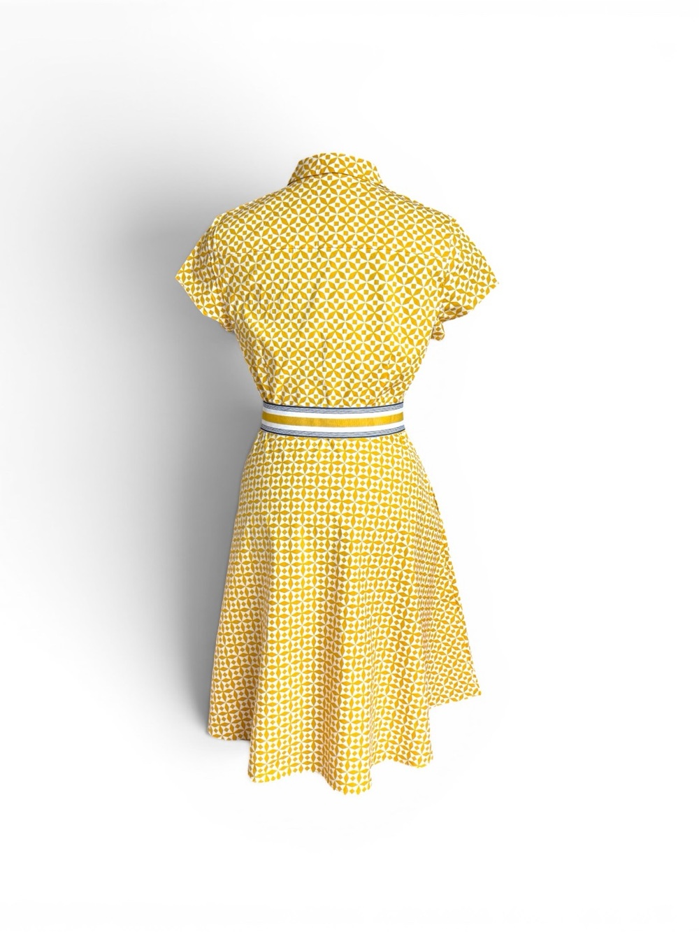 Yellow Geometric Midi Shirt Dress with Striped Tie Belt - Picture 5 of 11
